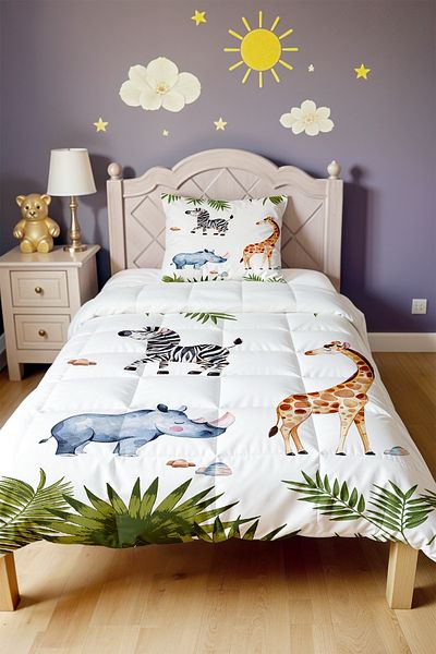 EVPANYA Safari Friends Patterned Single Quilt and Pillowcase