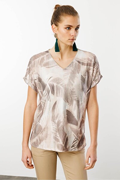 Desen Triko Футболка з V-подібним вирізом та принтом у вигляді листя, модель ...