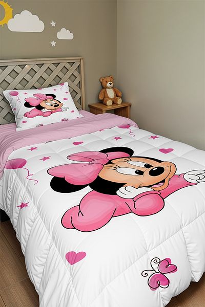 EVPANYA Pink Minnie Patterned Single Quilt and Pillowcase