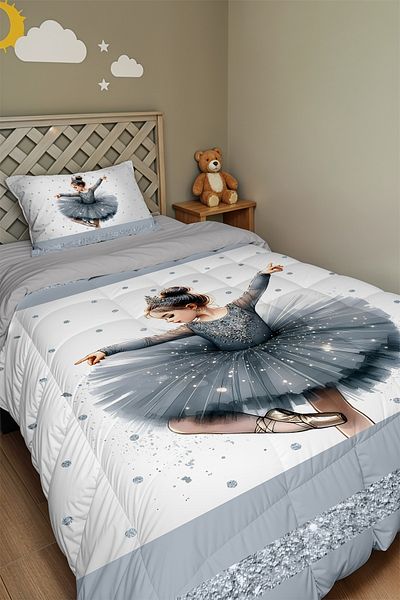 EVPANYA Gray Ballerina Patterned Single Duvet and Pillowcase