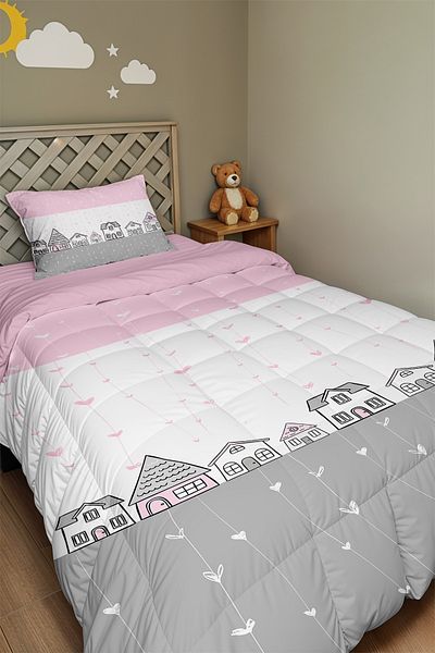 EVPANYA Pink Gray Houses Patterned Single Duvet and Pillowcase