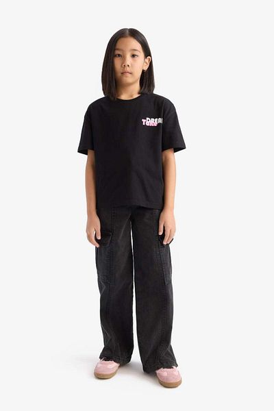 DeFacto Tricou cu mânecă scurtă pentru fete, sezon nou, cu decolteu, cu imprimeu pe spate