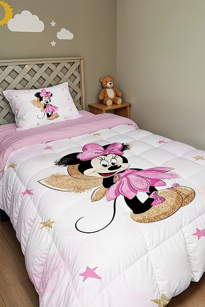 EVPANYA Gold Winged Mickey Patterned Single Quilt and Pillowcase