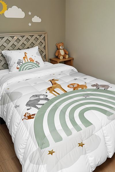 EVPANYA Pastel Rainbow Safari Patterned Single Quilt and Pillowcase