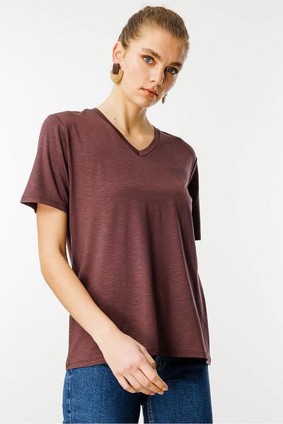 Desen Triko Tricou de bază din țesătură evazată cu decolteu în V, maro