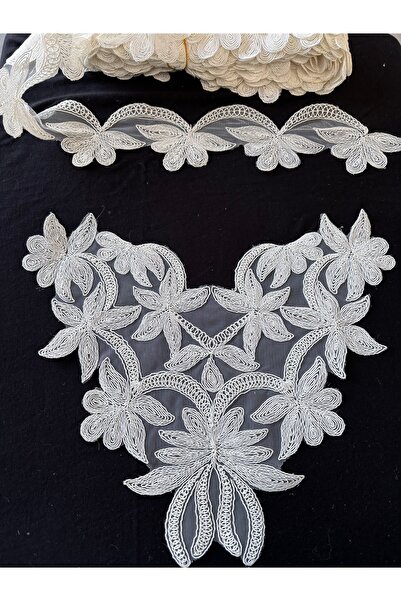 Butik Kortlu Fransız dantel piyasa desen uç aplik takım 1 uç 4 aplik imza tek...