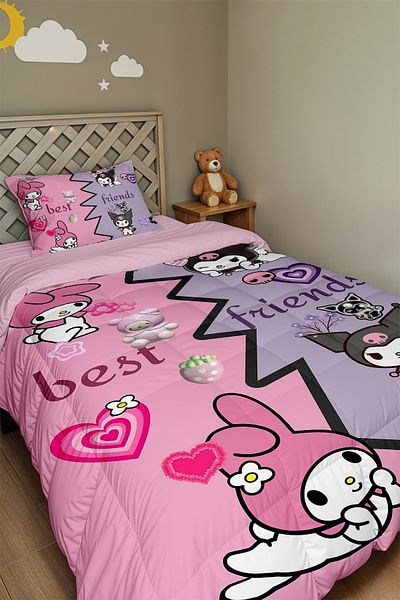 EVPANYA Best Friends Kuromi and My Melody Pattern Single Quilt and Pillowcase