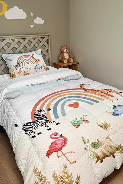 EVPANYA Rainbow Nature Safari Patterned Single Duvet and Pillowcase