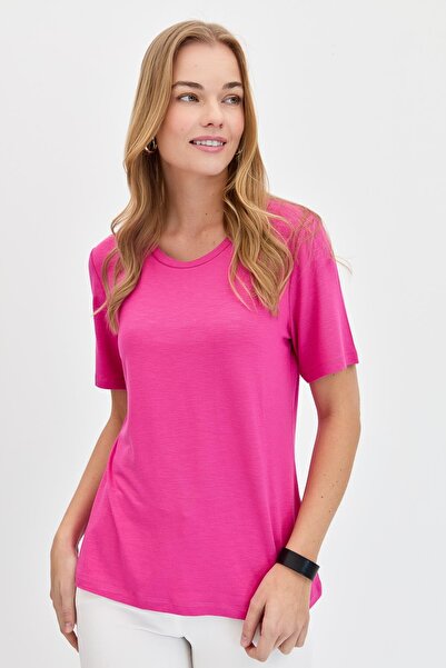 Desen Triko Γυναικείο φούξια μπλουζάκι από χτενισμένο βαμβακερό ύφασμα με λαιμόκοψη