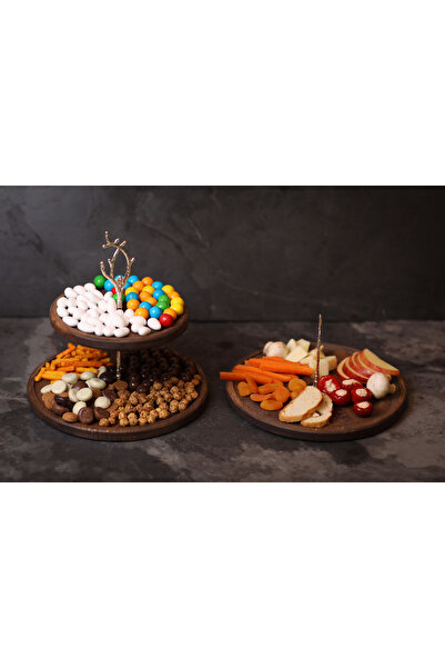 Rabo Craft 2-Tier and Single-Tier Silver Tree Handle Patterned Handle Wooden Presentation Rack Stand, Serving Presentation Plate,