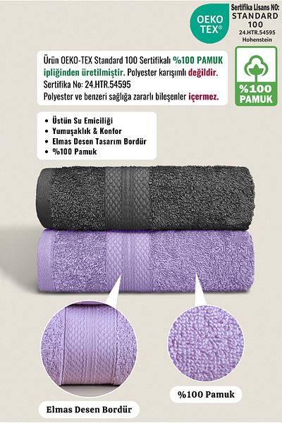 Ellaline 2-Piece Towel Set 100% Cotton Certified, Hand / Face / Kitchen Towel Set Anthracite and Lilac - 50X80Cm