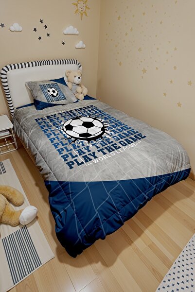 EVPANYA Mavi Gri Futbol Ligi Desenli Tek Kişilik Yorgan ve Yastık Kılıfı