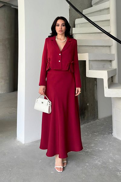 Serica Moda Burgundy Bow Detailed Jacket Skirt Set