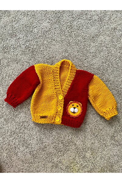 NEVALİN El Örgüsü Sarı Kırmızı Aslan Detaylı Erkek Çocuk Hırka