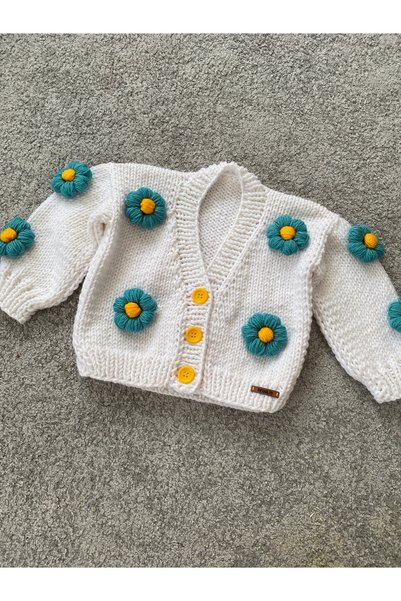 NEVALİN Hand Knitted Girl's Cardigan with Flower Detail