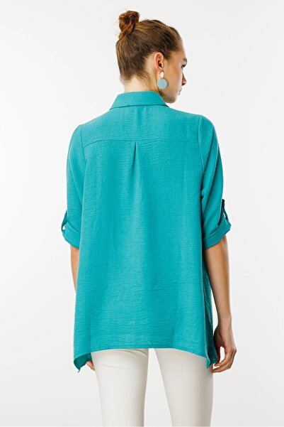 Desen Triko Green Women's Three Quarter Sleeve Linen Shirt
