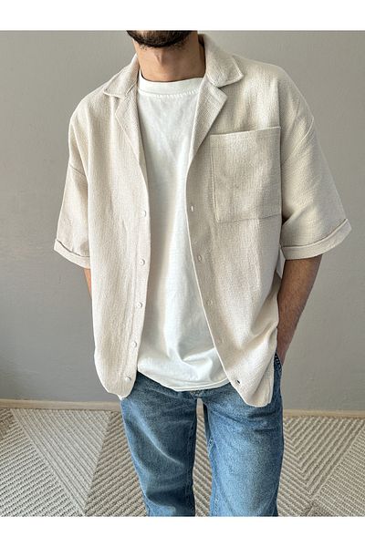 MİRMARONİ New Season Summer Short Sleeve Linen Cotton Textured Single Pocket Men's Shirt.