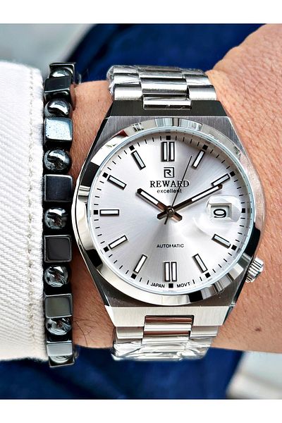 Reward Silver Color Case Cord Steel Automatic Business Men's Wrist Watch + Bracelet