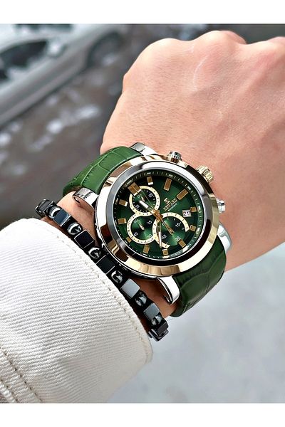 Reward Green Color Steel Case Function Business Leather Band Men's Wristwatch + Bracelet