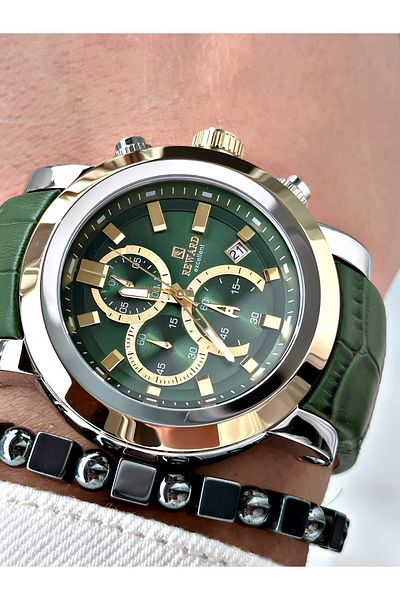 Reward Green Color Steel Case Function Business Leather Band Men's Wristwatch + Bracelet