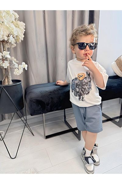 GÖKJOY BUTİK Teddy and Car Printed Premium Quality Boy's Summer Shorts Suit