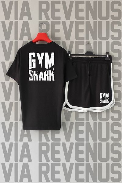 Vordevia Gym Shark Front Back Printed 100% Cotton Crew Neck Tshirt and Custom Sports Shorts Set