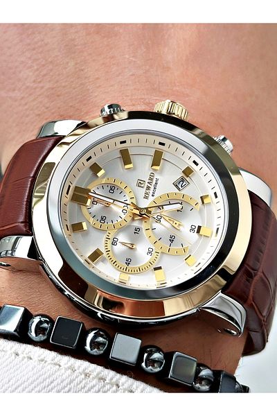 Reward Coffee Color Steel Case Function Business Leather Band Men's Wristwatch + Bracelet