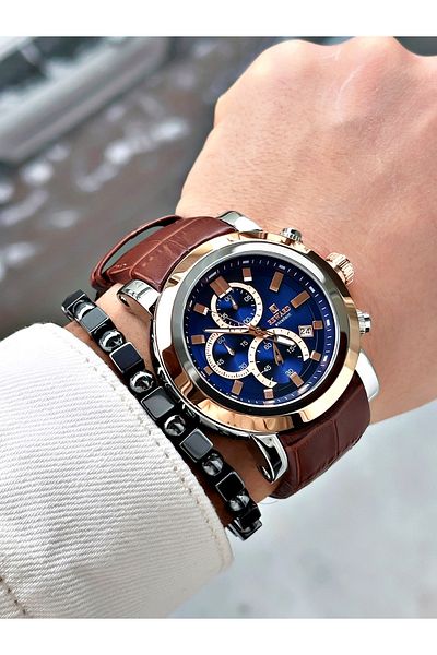 Reward Coffee Color Steel Case Function Business Leather Band Men's Wristwatch + Bracelet