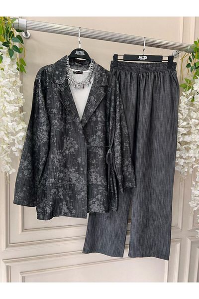 BisuModa Side Tie Patterned Kimono Trousers Suit