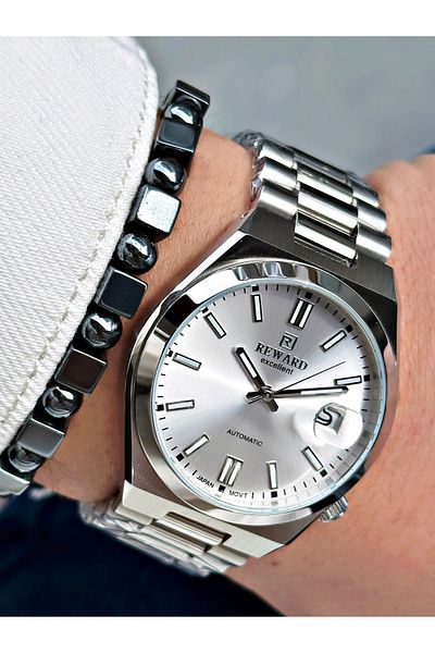 Reward Silver Color Case Cord Steel Automatic Business Men's Wrist Watch + Bracelet
