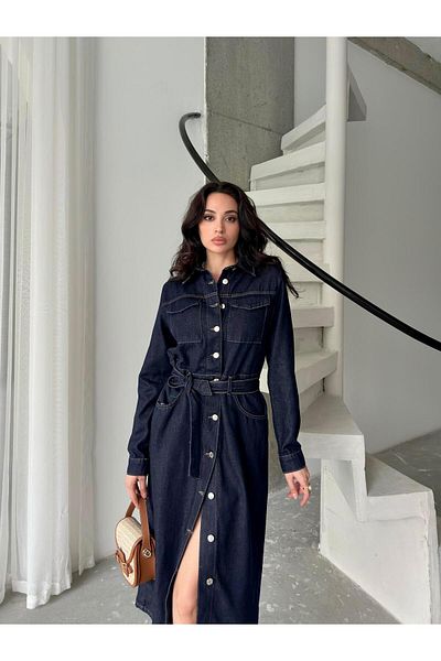 Serica Moda Τζιν φόρεμα με ζωσμένη μέση και λεπτομέρεια τσέπης