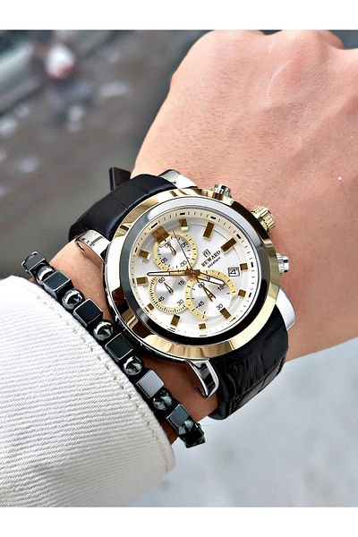 Reward Black Color Steel Case Function Business Leather Band Men's Wristwatch + Bracelet