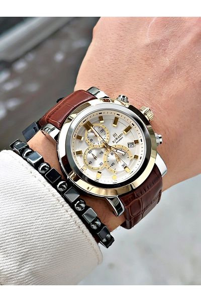 Reward Coffee Color Steel Case Function Business Leather Band Men's Wristwatch + Bracelet