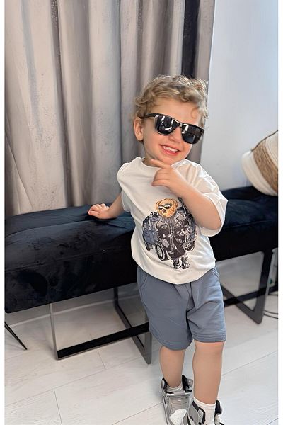 GÖKJOY BUTİK Teddy and Car Printed Premium Quality Boy's Summer Shorts Suit