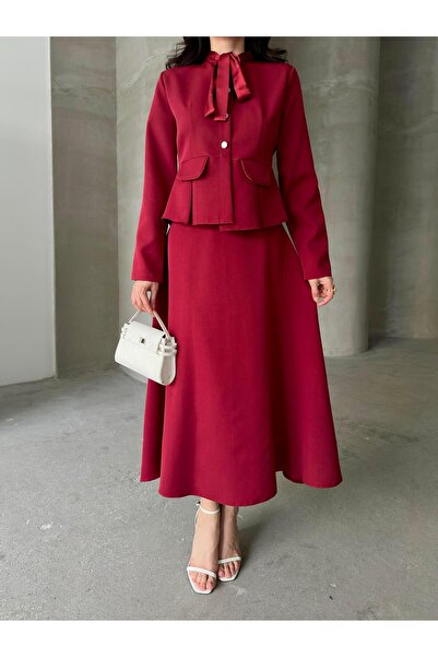 Serica Moda Bordo Fiyonk Yaka Detaylı Bordo Ceket Etek Takım