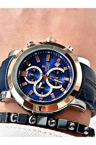 Reward Navy Blue Color Steel Case Function Business Leather Band Men's Wristwatch + Bracelet