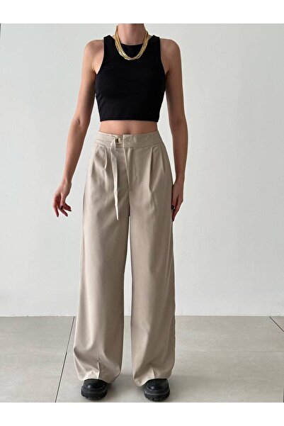 Bisou - Önü Detaylı Palazzo Kesim Kumaş Pantolon -
