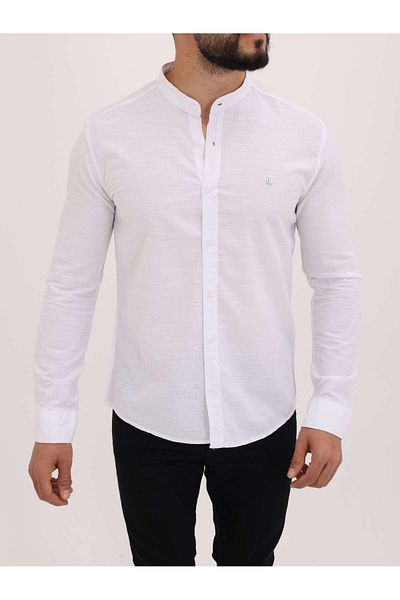 cliento Men's White Judge Collar Slim Fit Long Sleeve Buttoned Stylish and Comfortable Linen Shirt