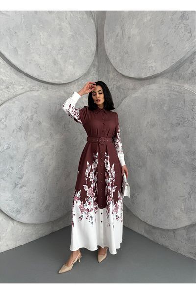 WellWay Atlas Fabric Floral Patterned Shirt Collar Button Detailed Brown Dress (Belt Included)-2501