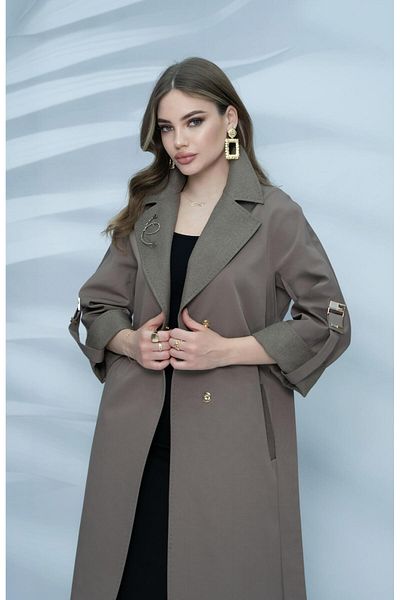Eccim Fashion Women's Linen Collar and Sleeve Detailed Brooch Lined Long Trench Coat