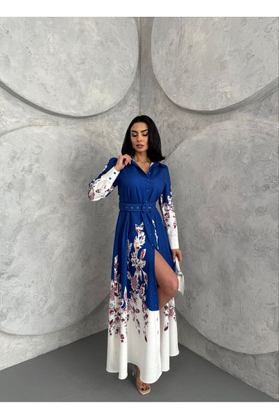 WellWay Rochie albastră cu detaliu cu nasturi, guler de cămașă cu model floral din țesătură Atlas (CUREA INCLUSĂ)-2501