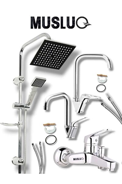 MUSLUQ 4'lü Banyo ve Mutfak Batarya Seti - Robot Duş, Mix Banyo, Mutfak ve Lavabo Bataryası - Pirinç Gövde