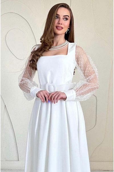 Afiş Butik White Square Collar Sleeves Organized Belt Detailed Long Dress