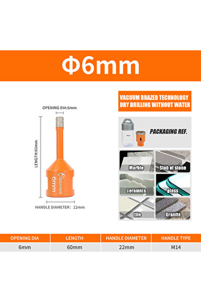 Choice1 مثقاب جاف ملحوم بالماس مقاس 6 مم، قطعة واحدة، مقاس 6-100 مم لبلاط الب...