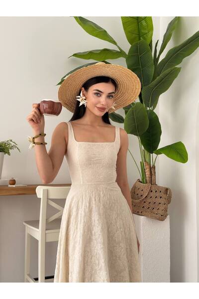 ETİKAFASHION KETEN ÇİÇEK İŞLEMELİ KARE YAKA UZUN ASKILI ELBİSE