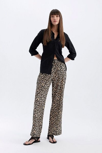 DeFacto Voile-Hose mit weitem Bein und Leopardenmuster – hohe Taille, Taschen, lange Länge C3831ax24sm