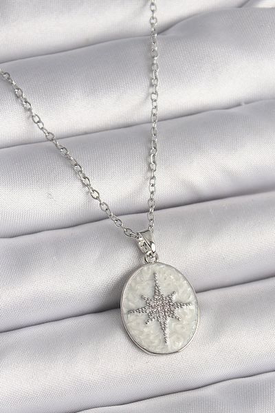 Angoravi 316L Steel Silver Color Chain White Enameled Zircon Stone Pole Star Engraved Women's Necklace