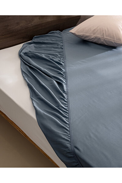 Madame Coco Ciel Single Plus 100% Cotton Elastic Satin Bed Sheet - Dark Blue