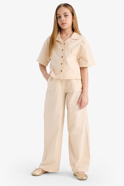 DeFacto Dziewczęca koszula lniana z krótkim rękawem i krótkim rękawem o kroju cropped fit D7638a825sm