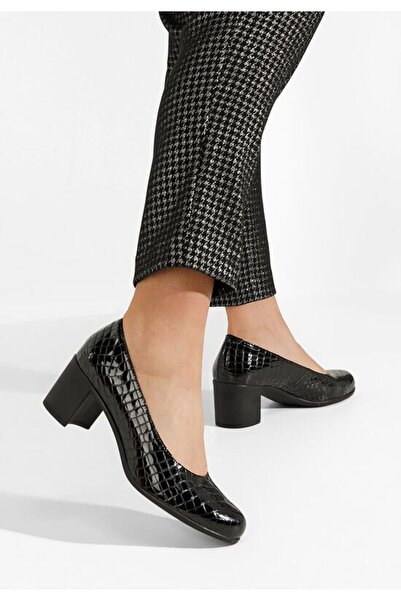 B T Shoes Dalida V6 Μαύρα Δερμάτινα Παπούτσια με Χοντρό Τακούνι